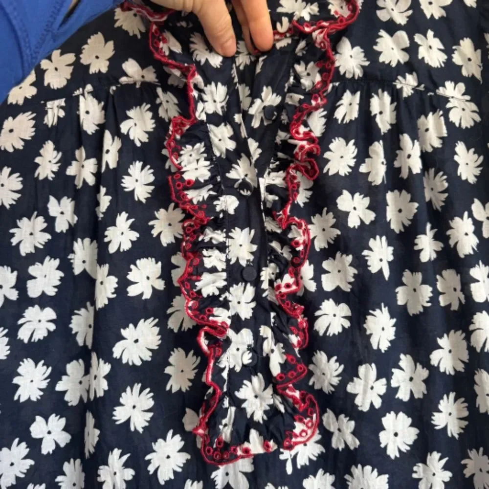 J. Crew Embroidered Ruffle Blouse - Blue/White Daisy Floral Pattern | Size S